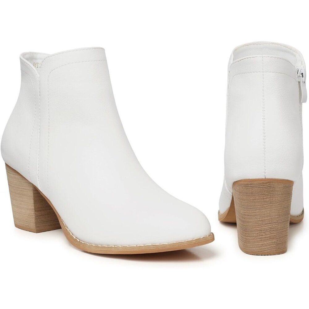 Women's White Pu Ankle Chunky Heeled Almond Toe Short Zipper Faux Suede Booties - Picture 6 of 6